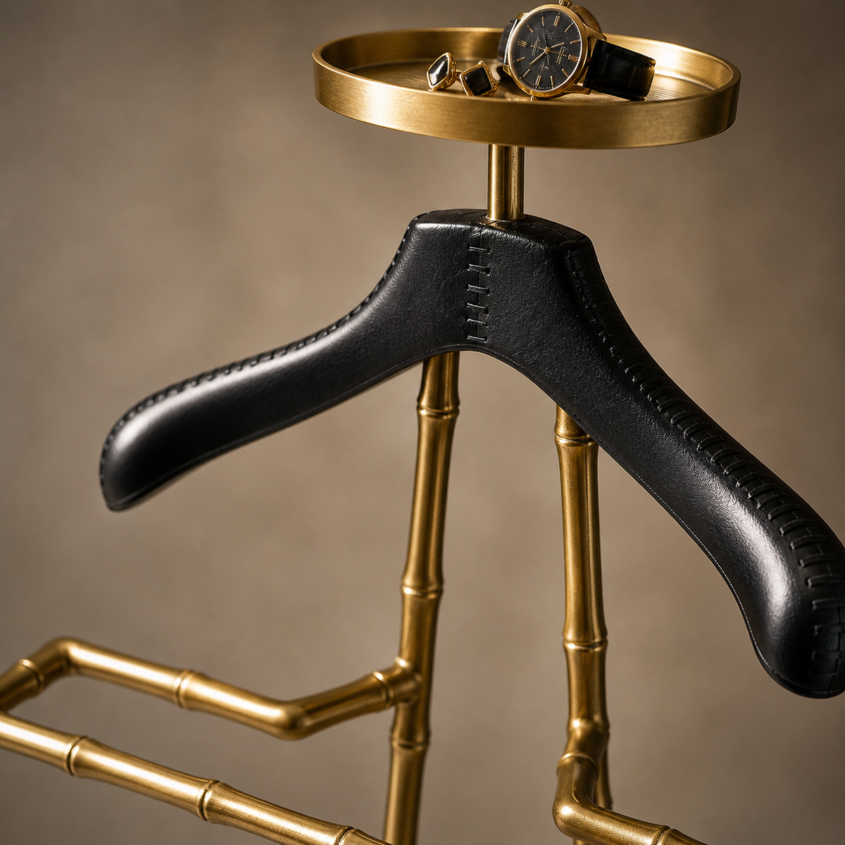 Luxury Dressboy Vintage Brass &amp; Black Leather Valet Suit &amp; Clothes Stand