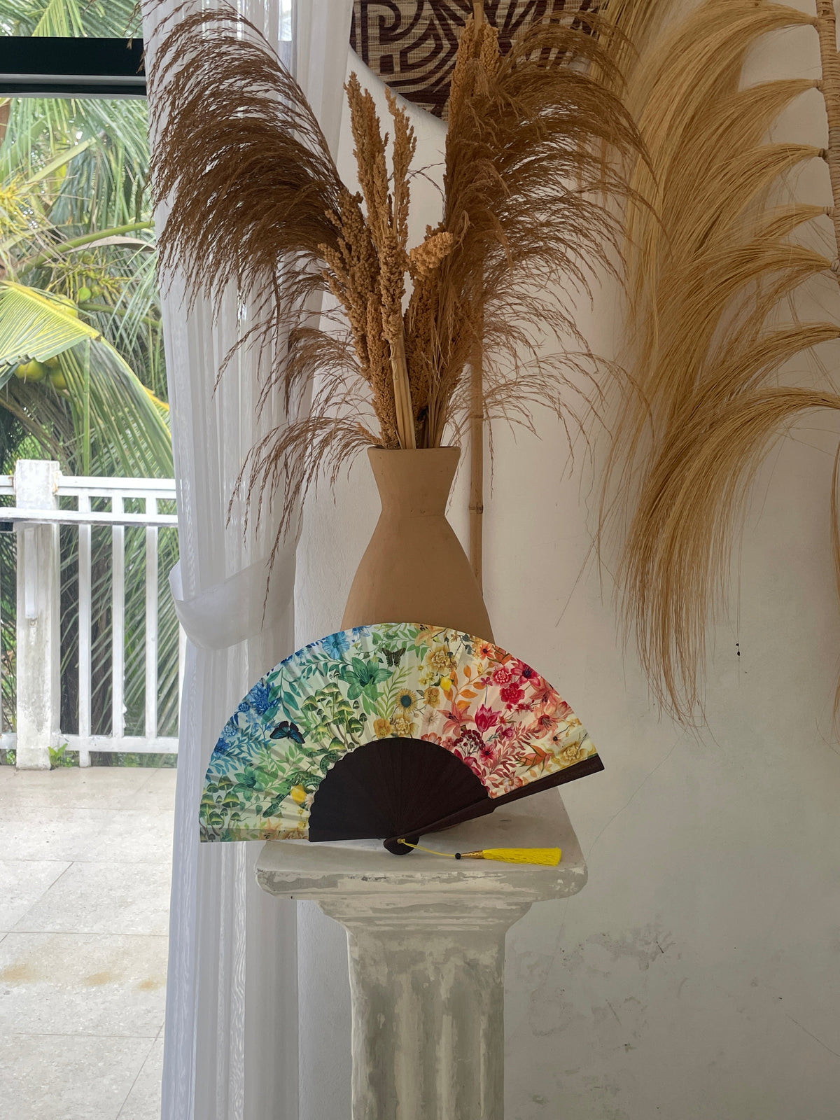 Colourful Silk folding hand fan 'kaleido-bloom' print with floral &amp; nature filled rainbow design