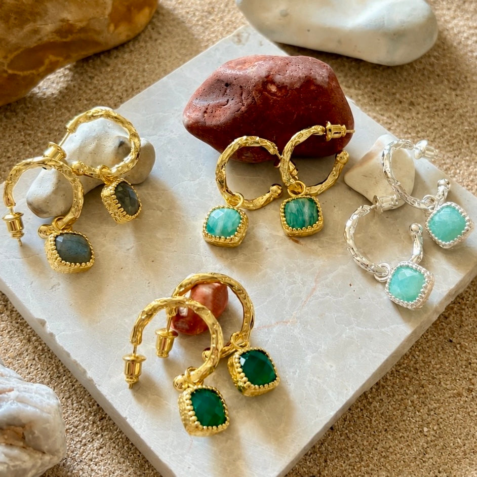 Tetra Square Gemstone Charm Hoops with Amazonite