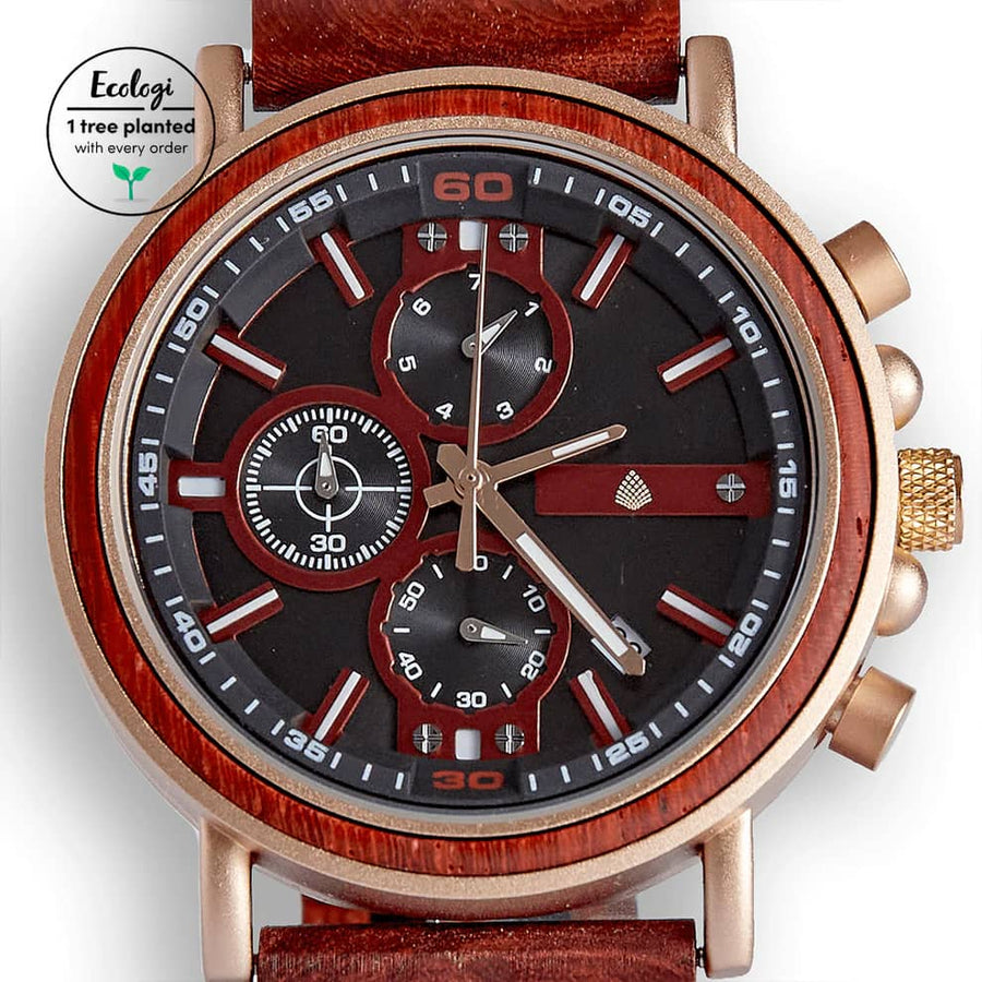 Luxury handmade chronograph wood watch for men, upcycled red sandalwood and ebony, stylish eco-friendly design with gold red black brown tones by The Sustainable Watch Company at brixbailey.com