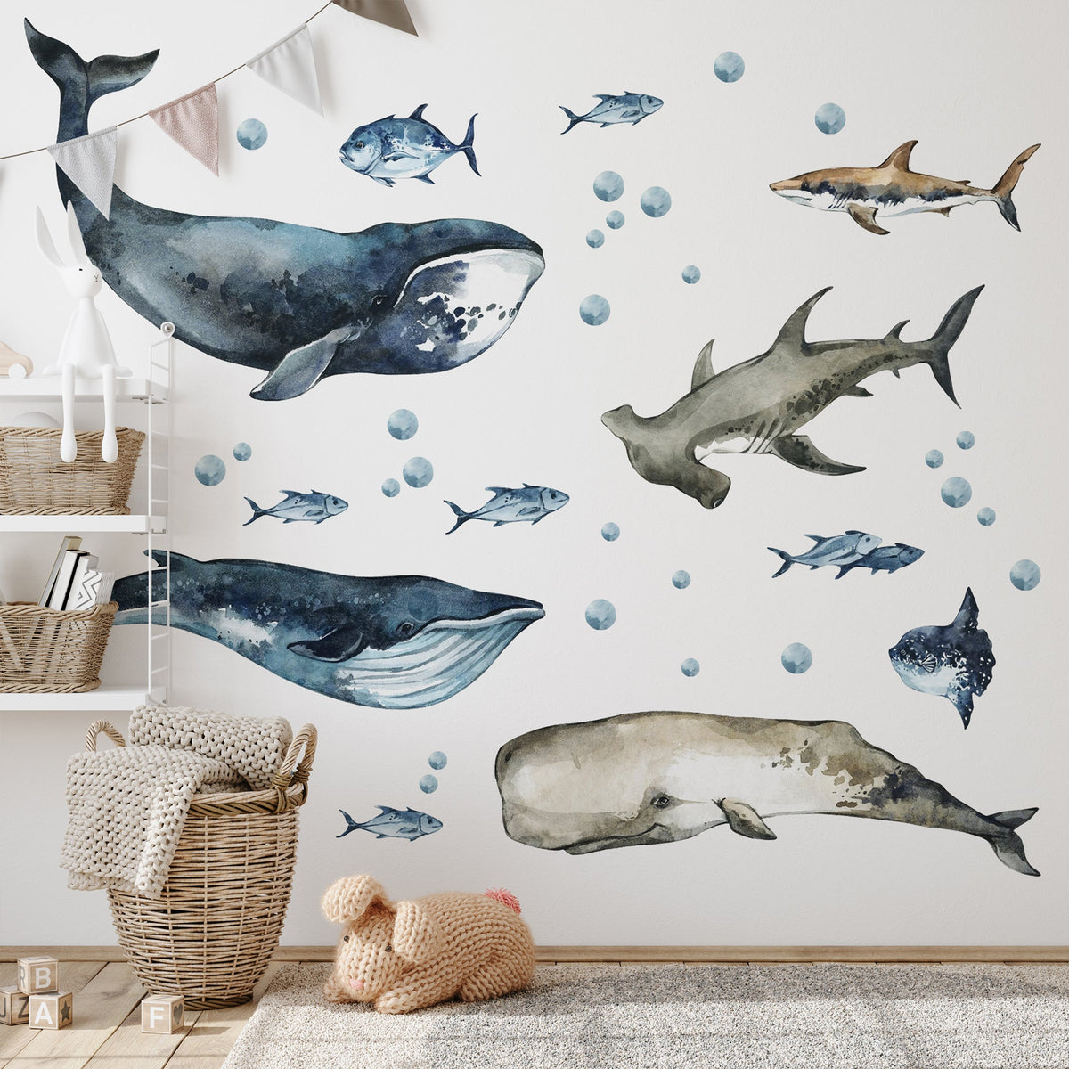 Sharks &amp; Whales Decal Set - Sperm, Humpback, Blue, Hammerhead Shark + More - Watercolour Effect Stickers - Ocean Theme