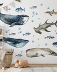 Sharks & Whales Decal Set - Sperm, Humpback, Blue, Hammerhead Shark + More - Watercolour Effect Stickers - Ocean Theme