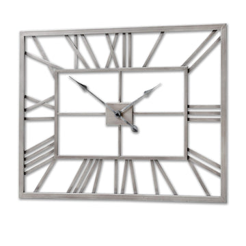 Modern silver skeleton wall clock with Roman numerals and open metal framework for industrial or minimalist decor  by Sostter at brixbailey.com