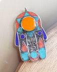 Handcrafted Hamsa Pendant - Tibetan Nepal - Amber, Coral Stone - Fatima Hands