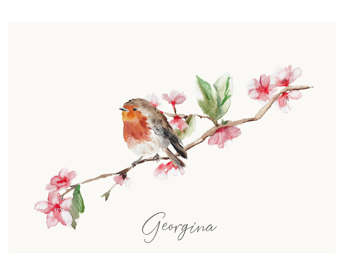 Robin and Blossom Personalised Watercolour Print