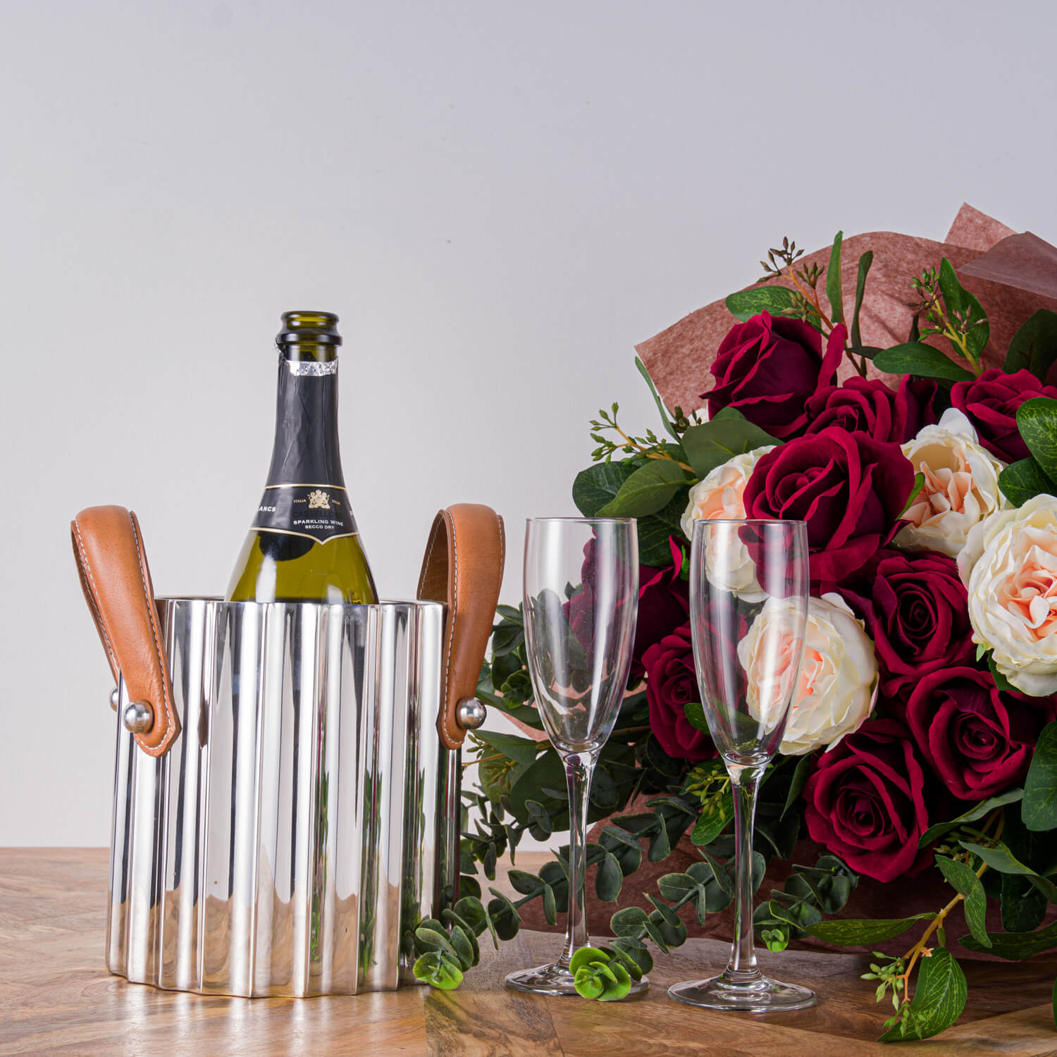 Silver Fluted Champagne Cooler with Leather Handle