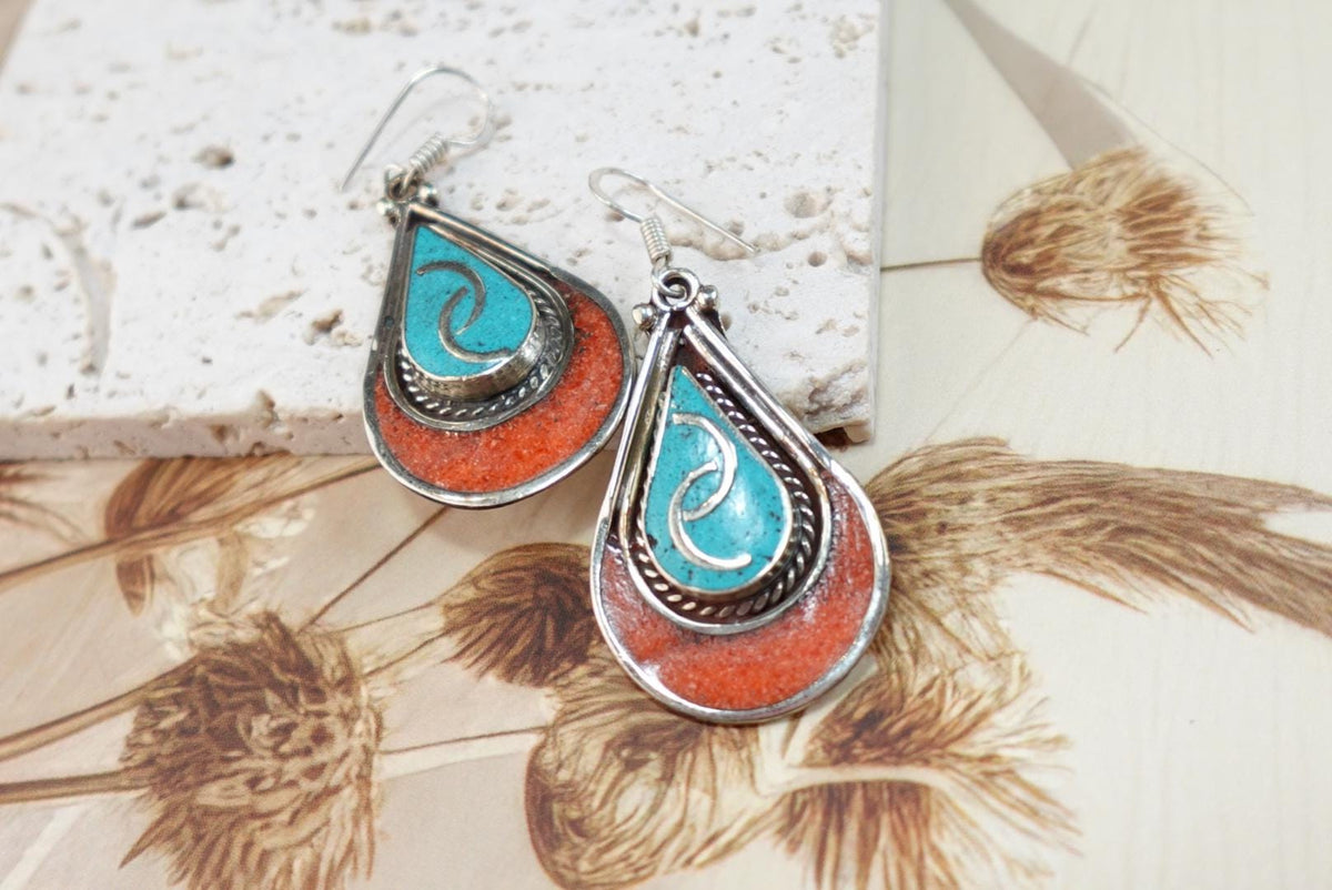 Tibetan Teardrop Earrings – Turquoise Swirl &amp; Coral