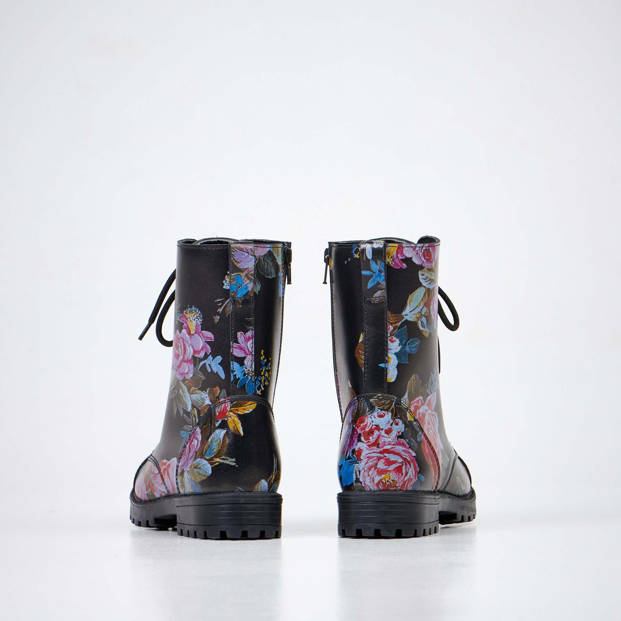 Pink Roses Leather Boots with Side Zipper