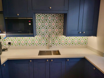 Luxury Zeena porcelain tiles, green and pink Moroccan zellige patterned, premium anti-slip, indoor outdoor use by Maria Starling Design at brixbailey.com