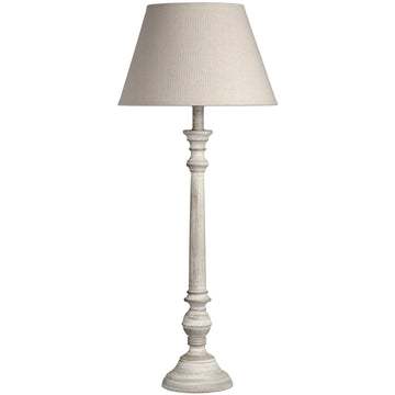 Handcrafted rustic shaker-style table lamp with grey-washed wood base and neutral linen shade for ambient lighting by Sostter at brixbailey.com
