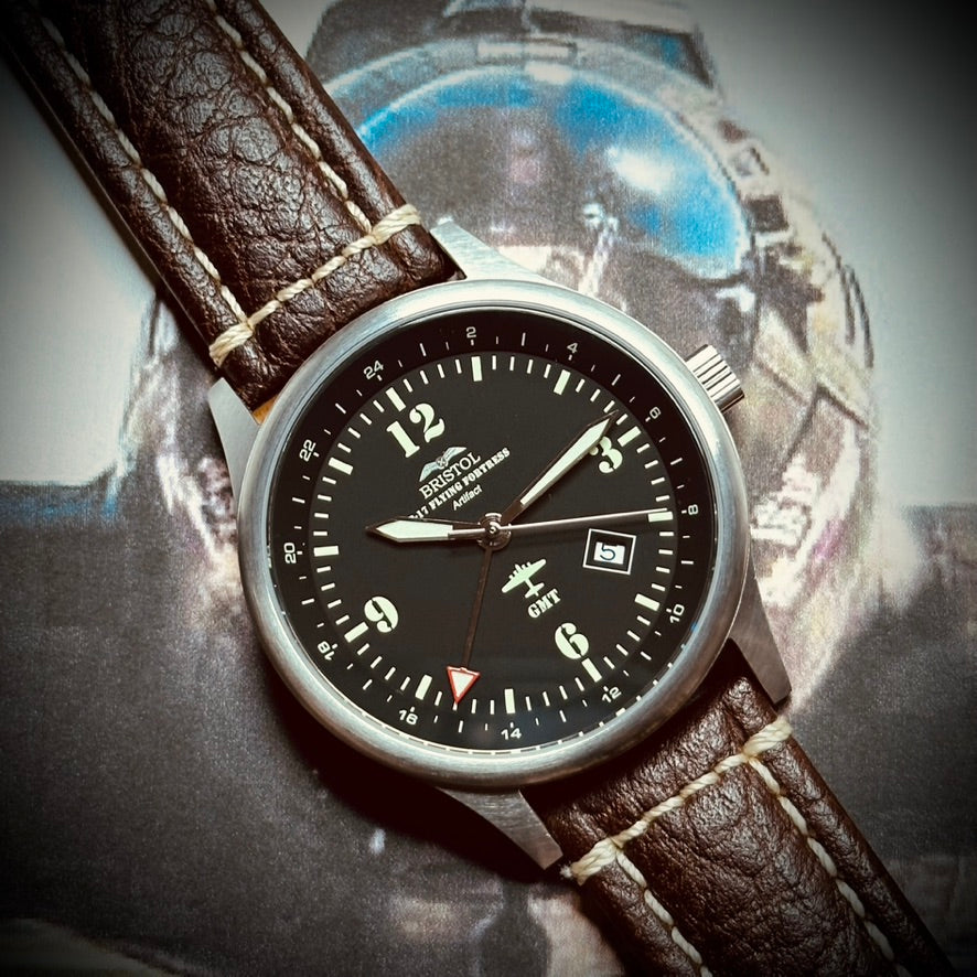 B-17 Tribute - Stainless Steel, Brush Finish, Black Dial, Brown Leather Band with Stitching