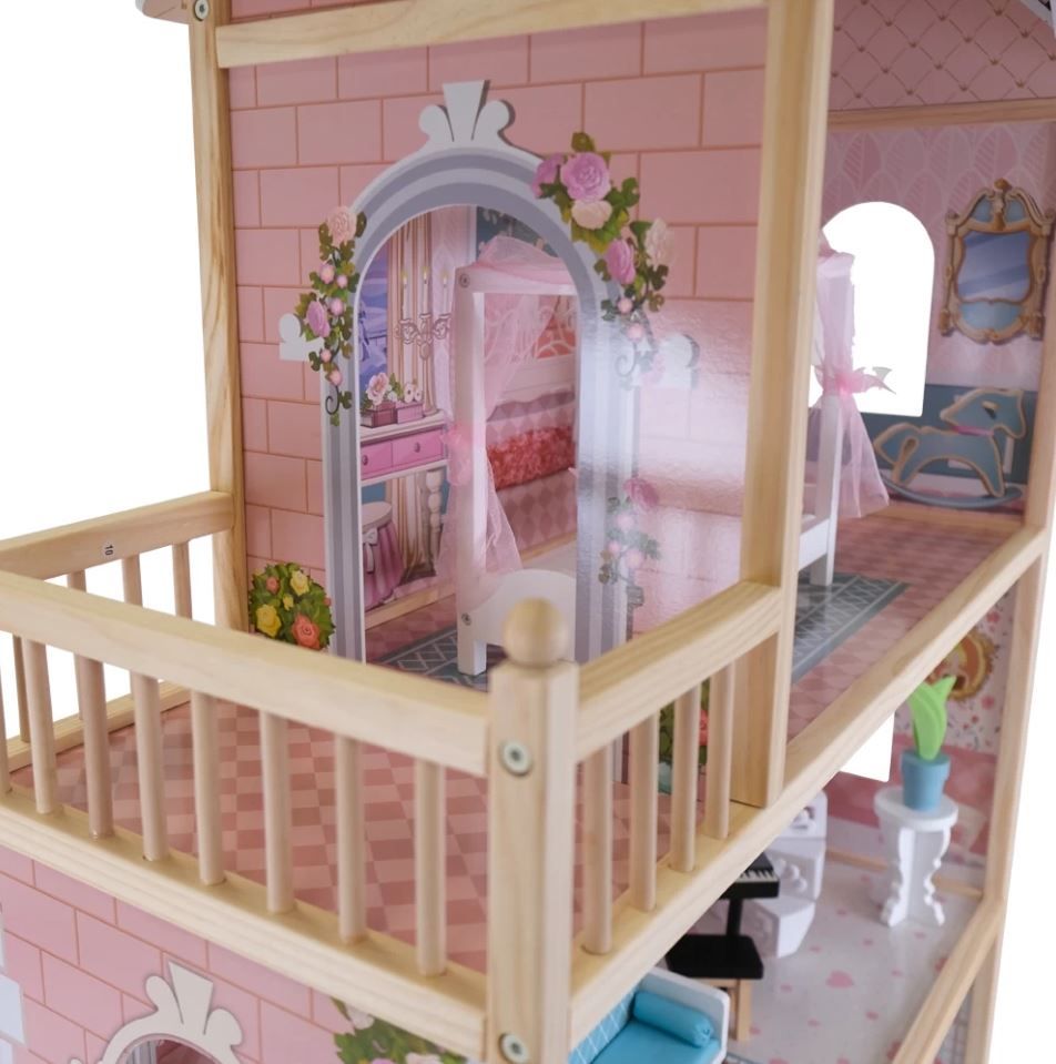 Wooden Dollhouse with LED Light and Furniture