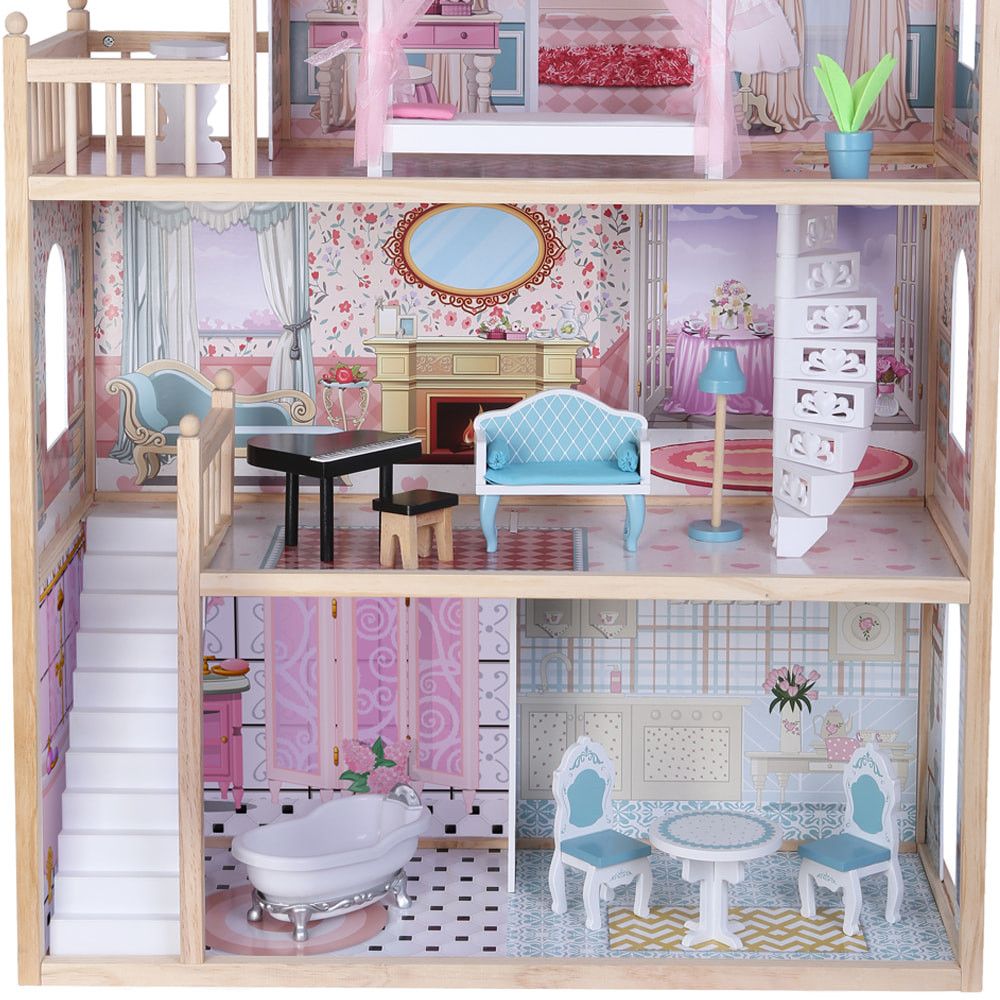 Wooden Dollhouse with LED Light and Furniture