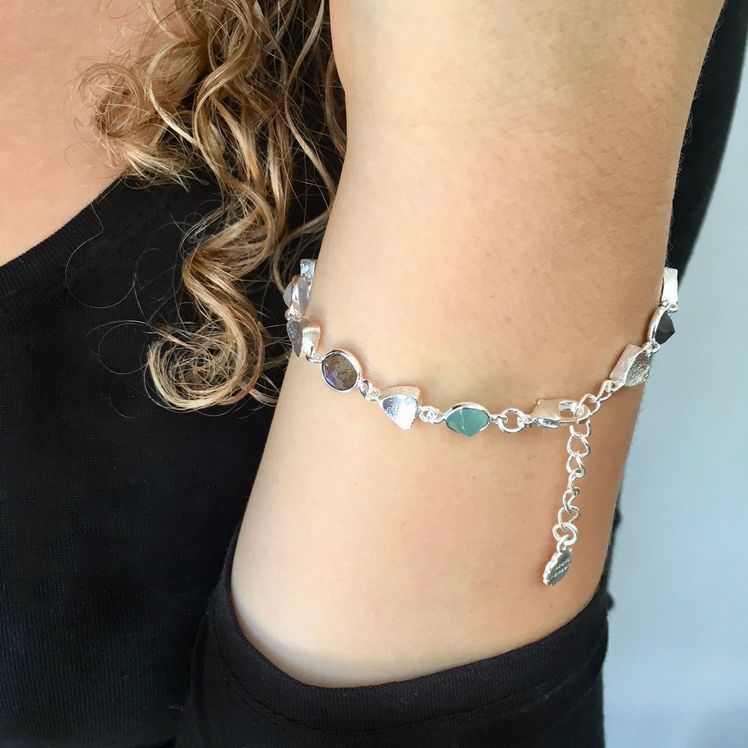 Silver Sara Mixed Gemstone Nugget Bracelet Pariba Onyx, Labradorite &amp; Moonstone