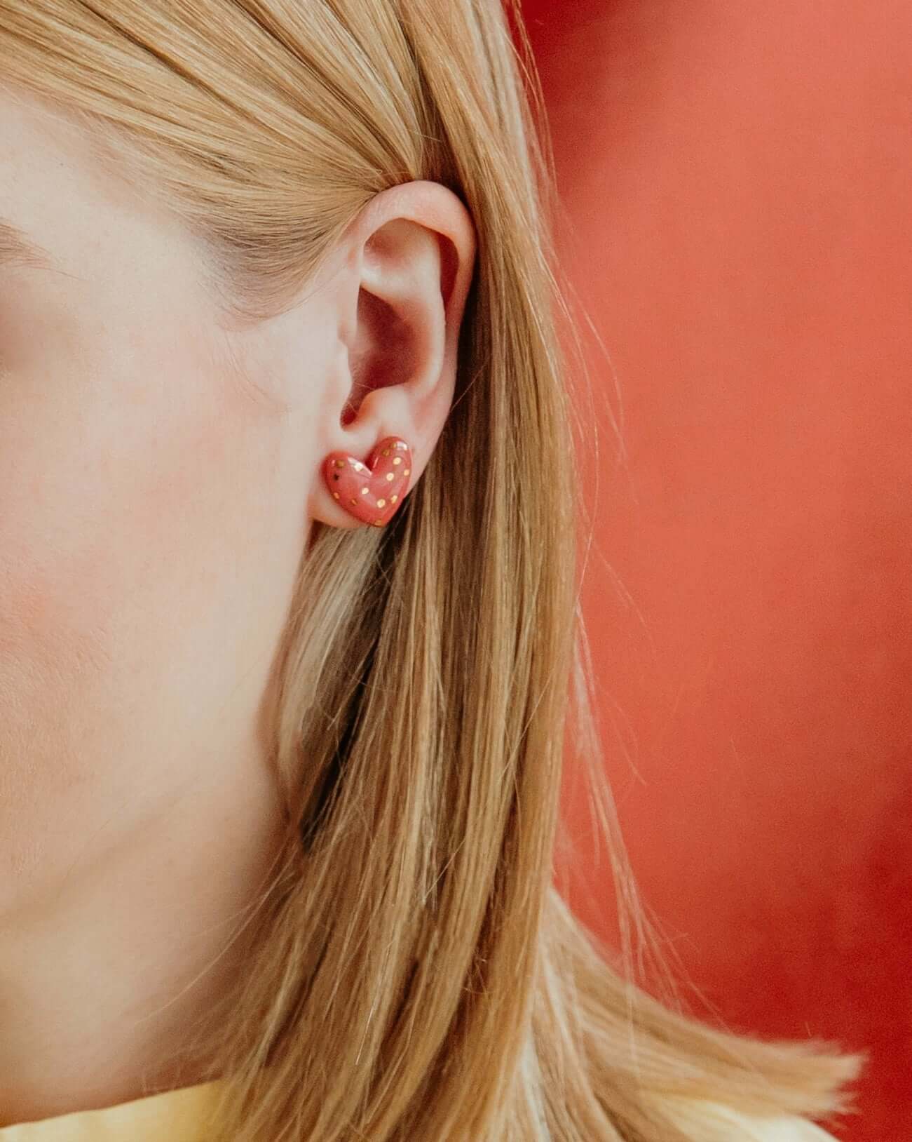 Pink Dotted Porcelain Heart Stud Earrings