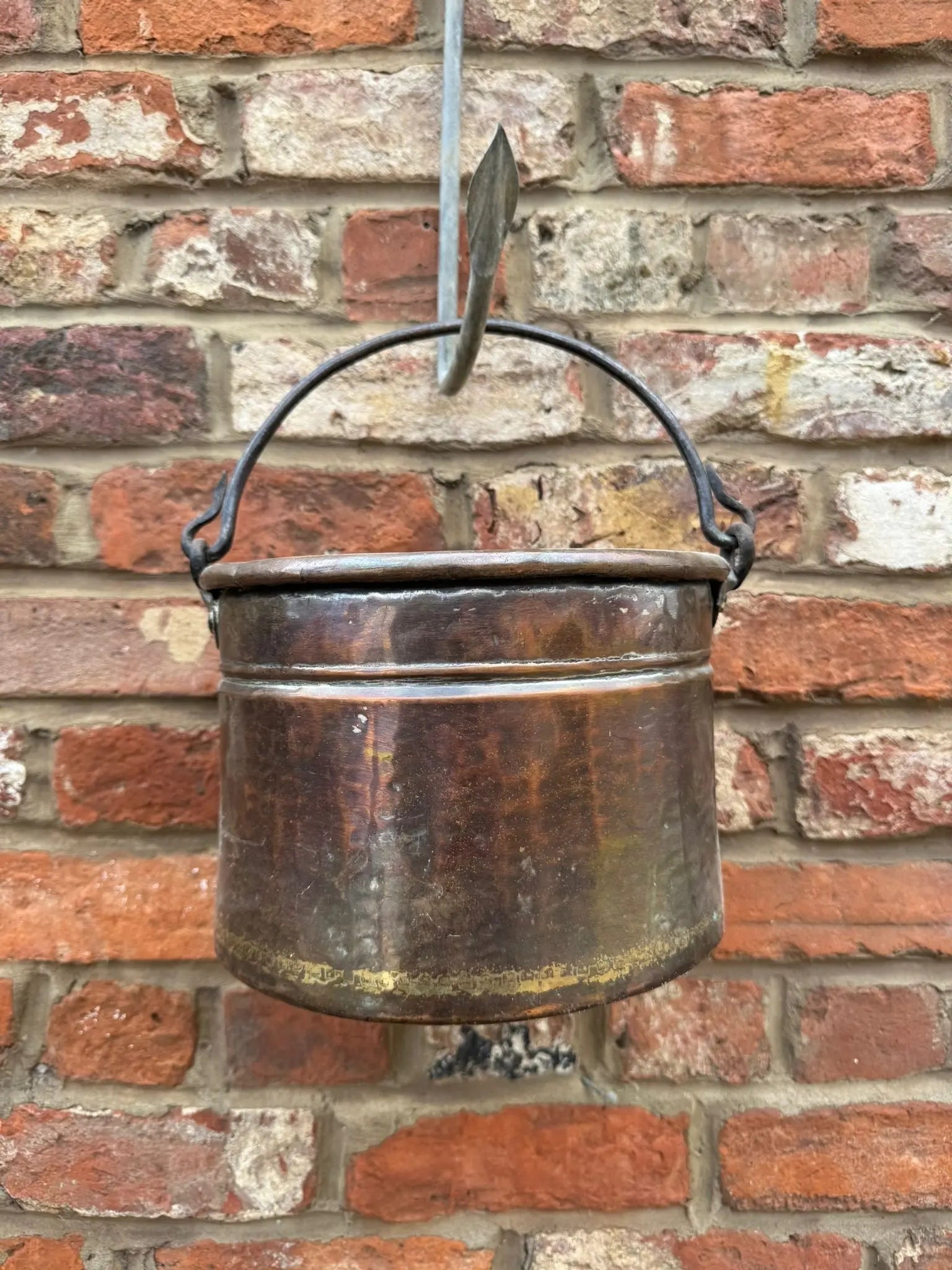 Antique Copper Cauldron Pot with Riveted Iron Handle &amp; Dovetail Planter Pot  B