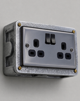 Black Nickel Double Switched 13A Socket | 2 Gang Solid Cast Metal Industrial Power Socket