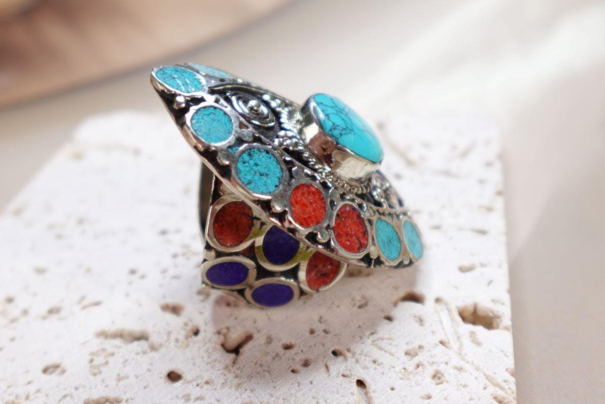 Bohemian Turquoise Statement Ring – Multicoloured Inlay