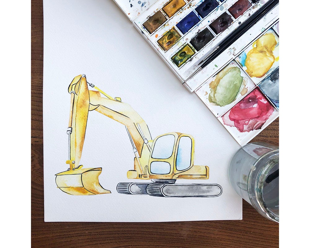 Digger construction site hand painted greetings card