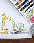 Digger construction site hand painted greetings card