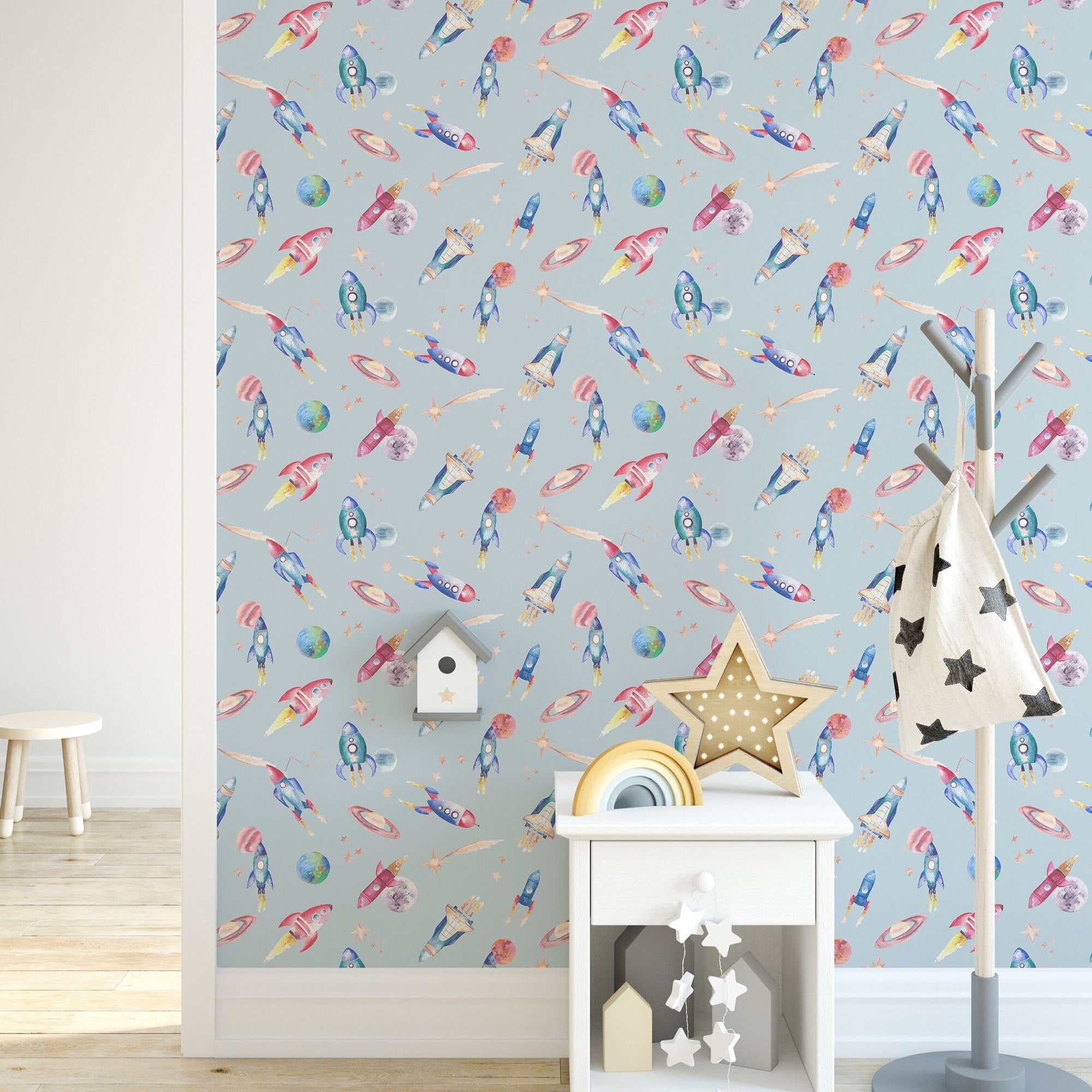 Watercolour Space Wallpaper | Rockets, Planets &amp; Stars