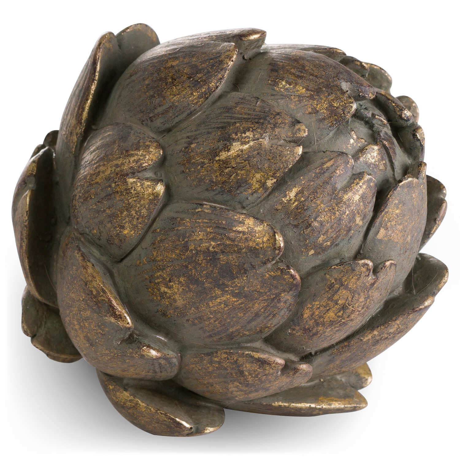 Bronze artichoke sculpture with antiqued patina, handcrafted botanical decor for shelves or centerpieces (124 chars) by Sostter at brixbailey.com