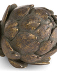 Bronze artichoke sculpture with antiqued patina, handcrafted botanical decor for shelves or centerpieces (124 chars) by Sostter at brixbailey.com