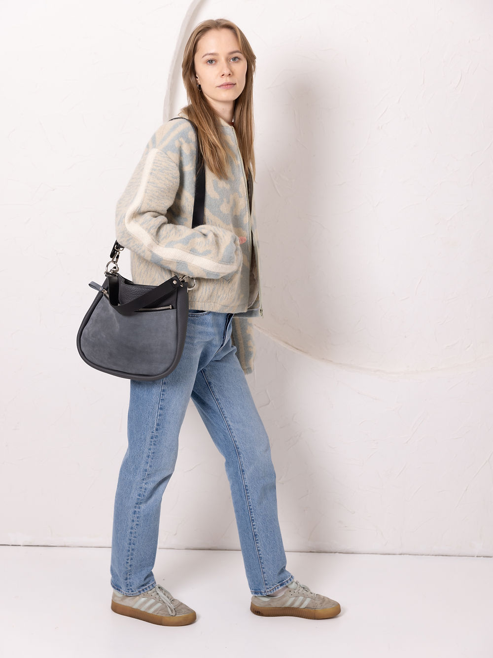 Grey Leather and Suede Shoulder Bag