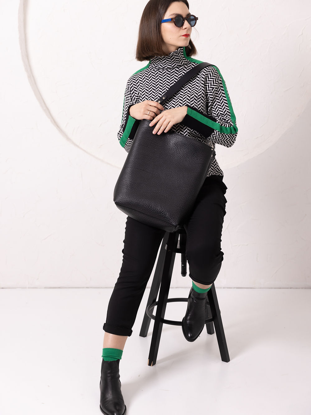 Black Leather Single Strap Tote Bag