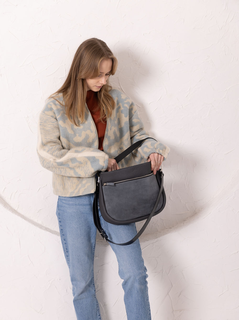 Grey Leather and Suede Shoulder Bag