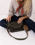 Leather Shoulder and Clutch Bag in Dirty Green
