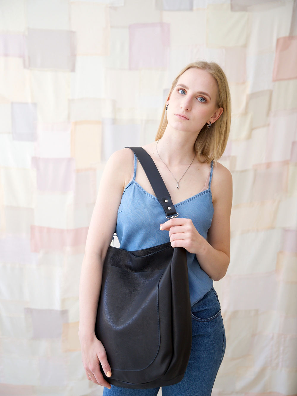 Black Leather Tote with Front Pocket