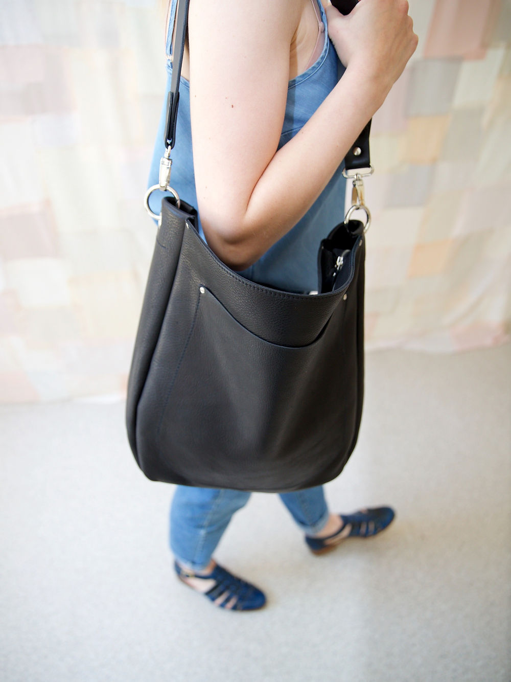 Black Leather Tote with Front Pocket
