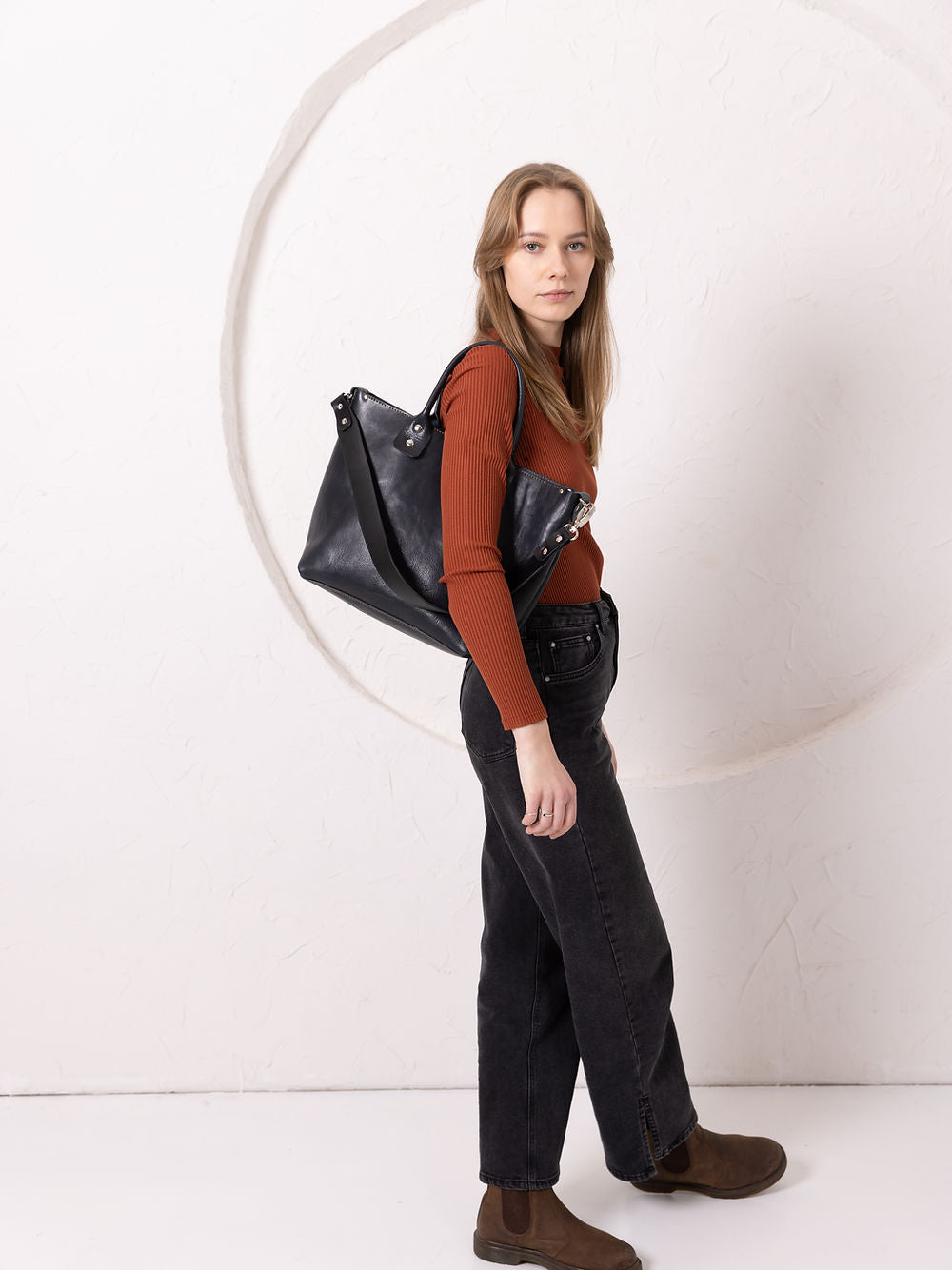 Dark Denim Leather Tote Bag