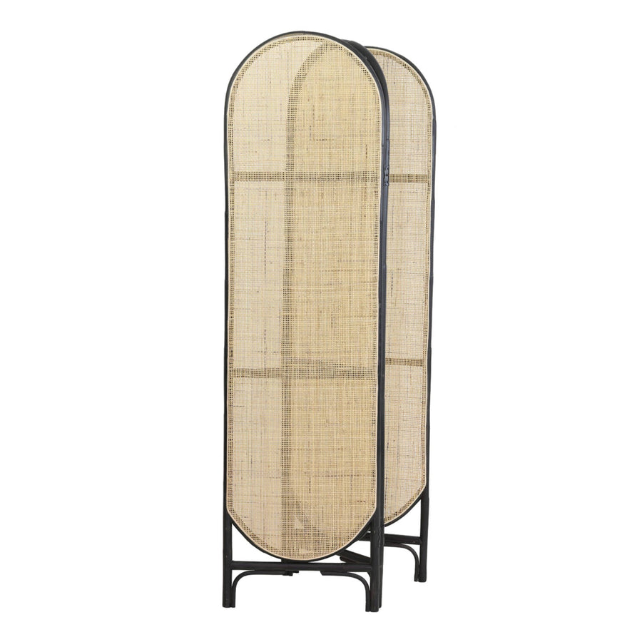Luxury rattan room divider, elegant webbed screen with black trim, stylish three-panel folding partition by Ella James at brixbailey.com