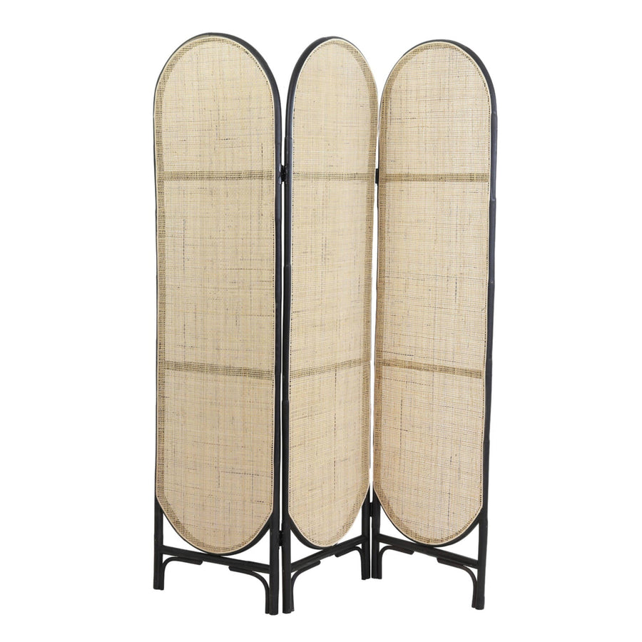 Luxury natural black rattan room divider, elegant webbed screen, stylish three-panel folding partition by Ella James at brixbailey.com