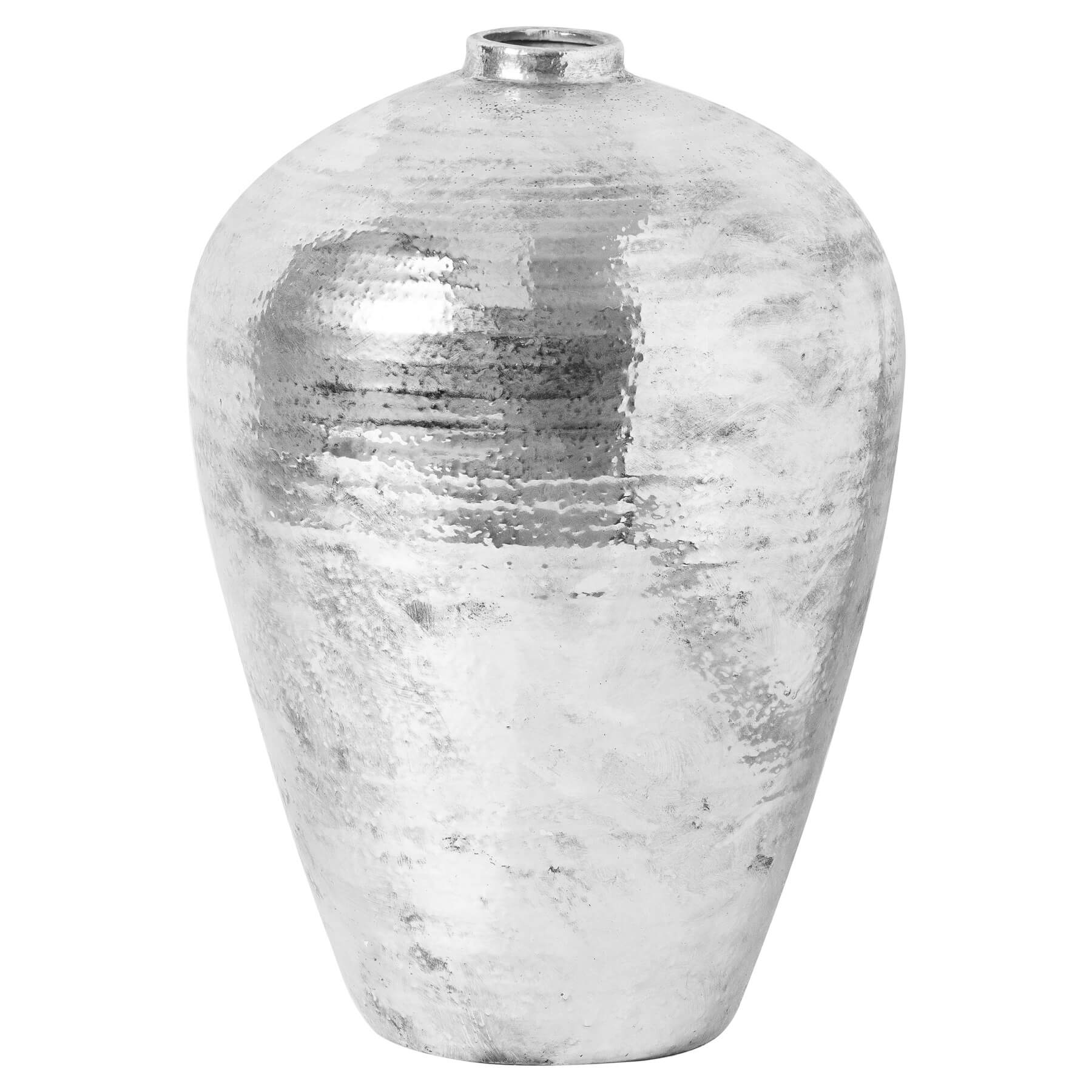 Handcrafted hammered silver vase, 57cm tall ceramic centerpiece with reflective metallic finish for modern decor. by Sostter at brixbailey.com