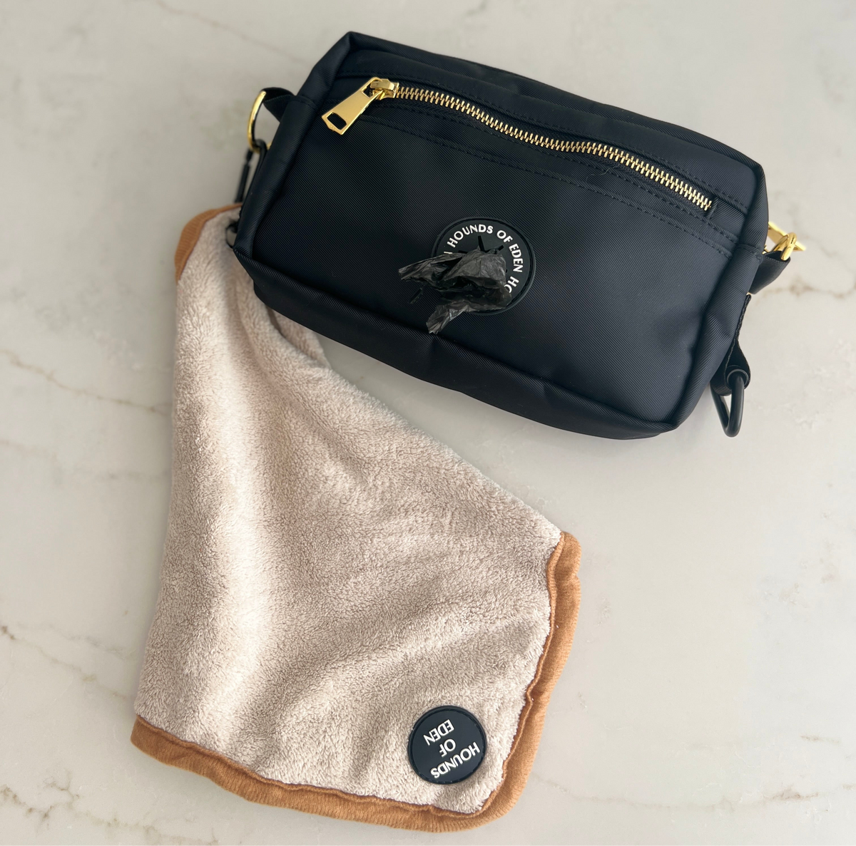 Mini Dog Towel + Clip, Beige &amp; Orange