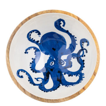 Luxury Santorini Octopus bowl, sustainable mango wood with handcrafted enamelled octopus design, stylish salad serving bowl by Ella James at brixbailey.com