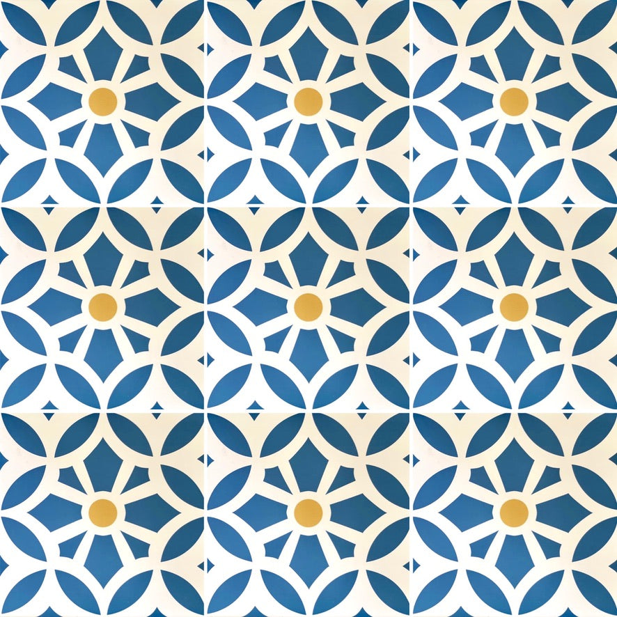 Maroq blue and white porcelain tiles, luxury handcrafted floral motif, premium outdoor and indoor anti-slip tiles, no sealing required by Maria Starling Design at brixbailey.com