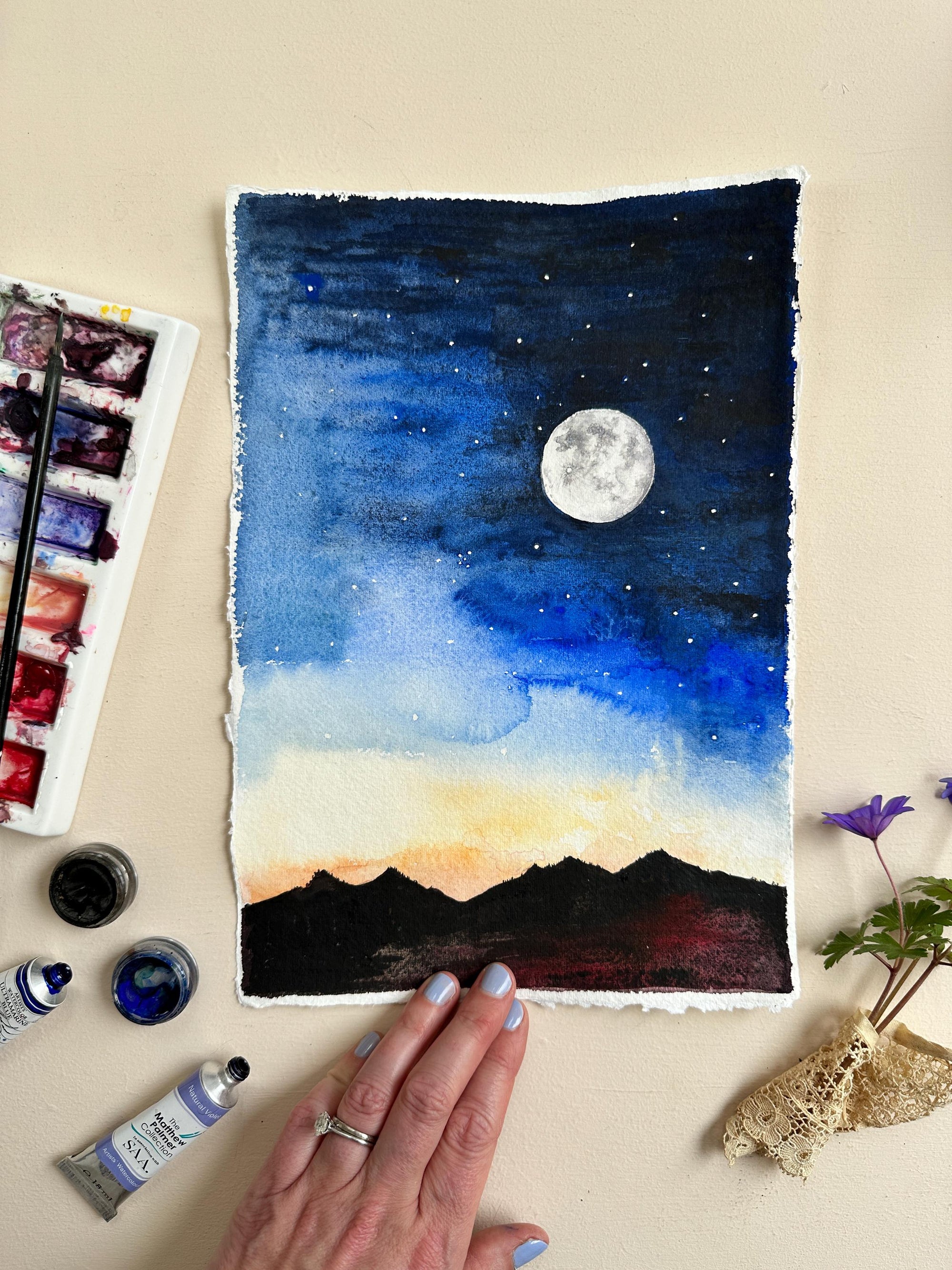 Hand-Painted Moon &amp; Stars Watercolour Greeting Card
