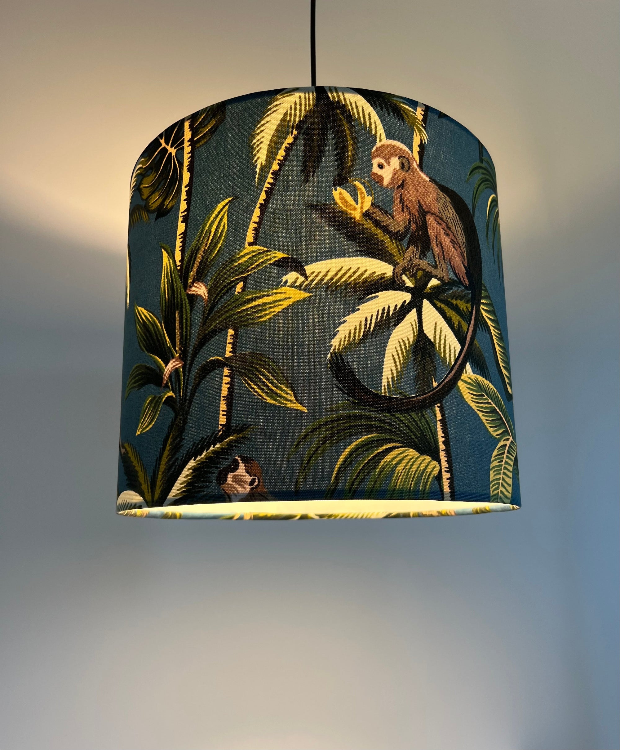 Jungle monkey cotton, in teal, drum lampshade /ceiling shade with a white lining