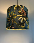 Jungle monkey cotton, in teal, drum lampshade /ceiling shade with a white lining
