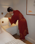 Long Organic Cotton Robe: Merlot with Gold Sun