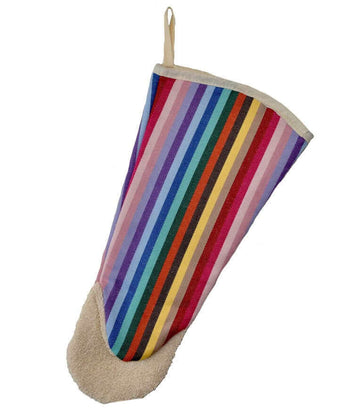 Premium rainbow striped oven glove, long gauntlet style with heat protection, handcrafted in UK from recycled organic yarns by Maison Elhoria at brixbailey.com