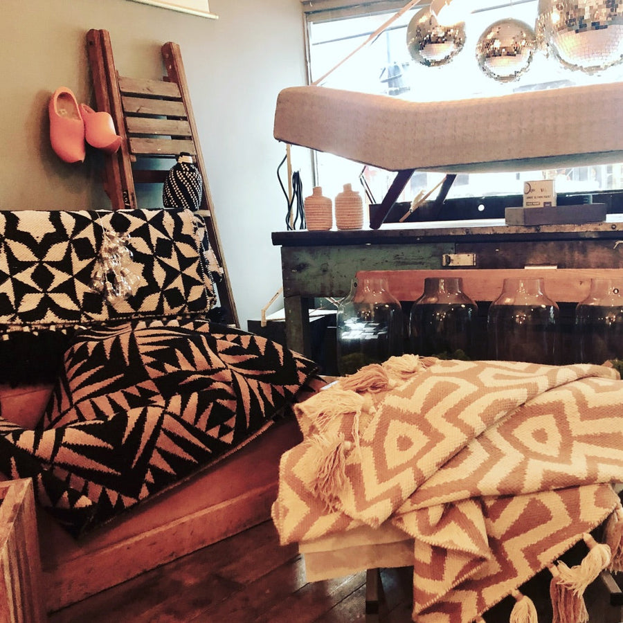 Premium monochrome flat weave rug, handmade in India with pure wool, stylish geometric design, large edge tassels, neutral tones, 170x240cm by Maria Starling Design at brixbailey.com