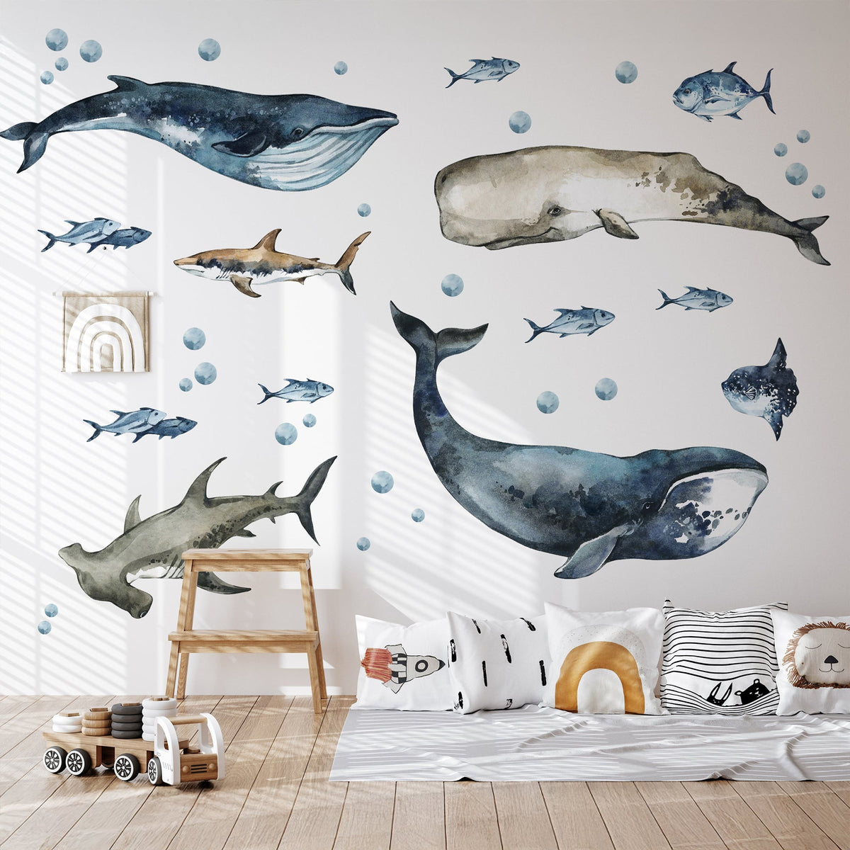 Sharks &amp; Whales Decal Set - Sperm, Humpback, Blue, Hammerhead Shark + More - Watercolour Effect Stickers - Ocean Theme