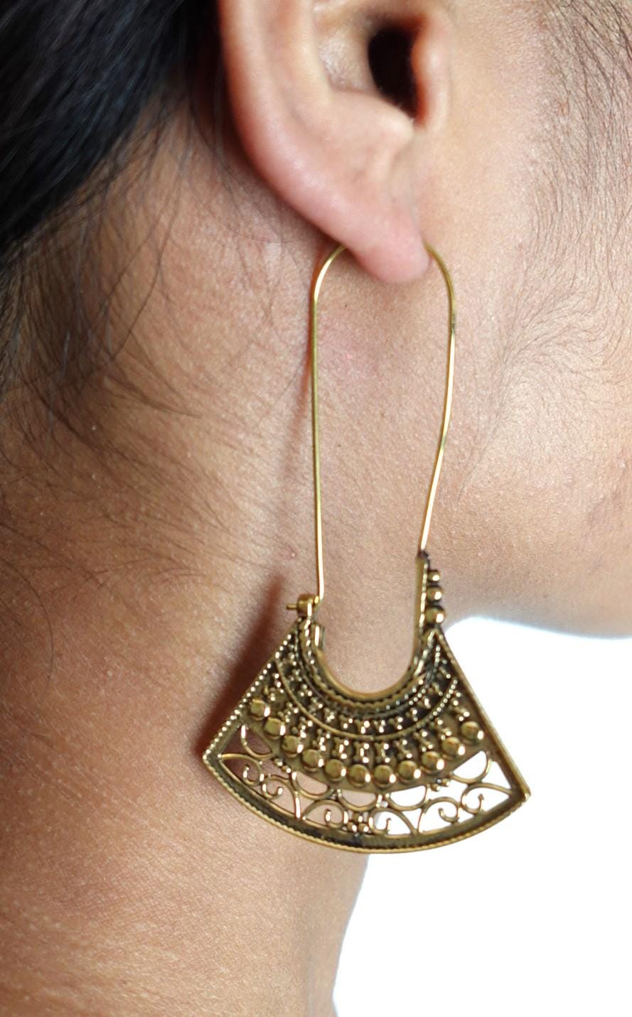 Fan-Shaped Tribal Brass/Silver Earrings