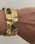 Textured Gold Cuff Bracelet with Gemstone Accents – Handcrafted Adjustable Wrap Design.
