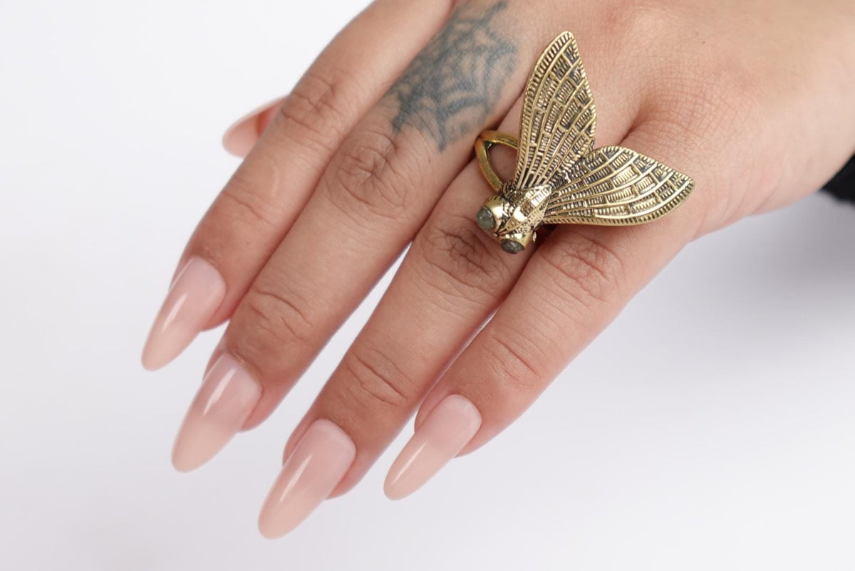 Insect-Inspired Adjustable Brass Ring – Boho Statement Jewellery.